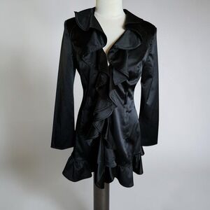 Bebe Black Satin Ruffle Mini Dress Jacket Y2K Flounce Hem Victorian Coat Women S